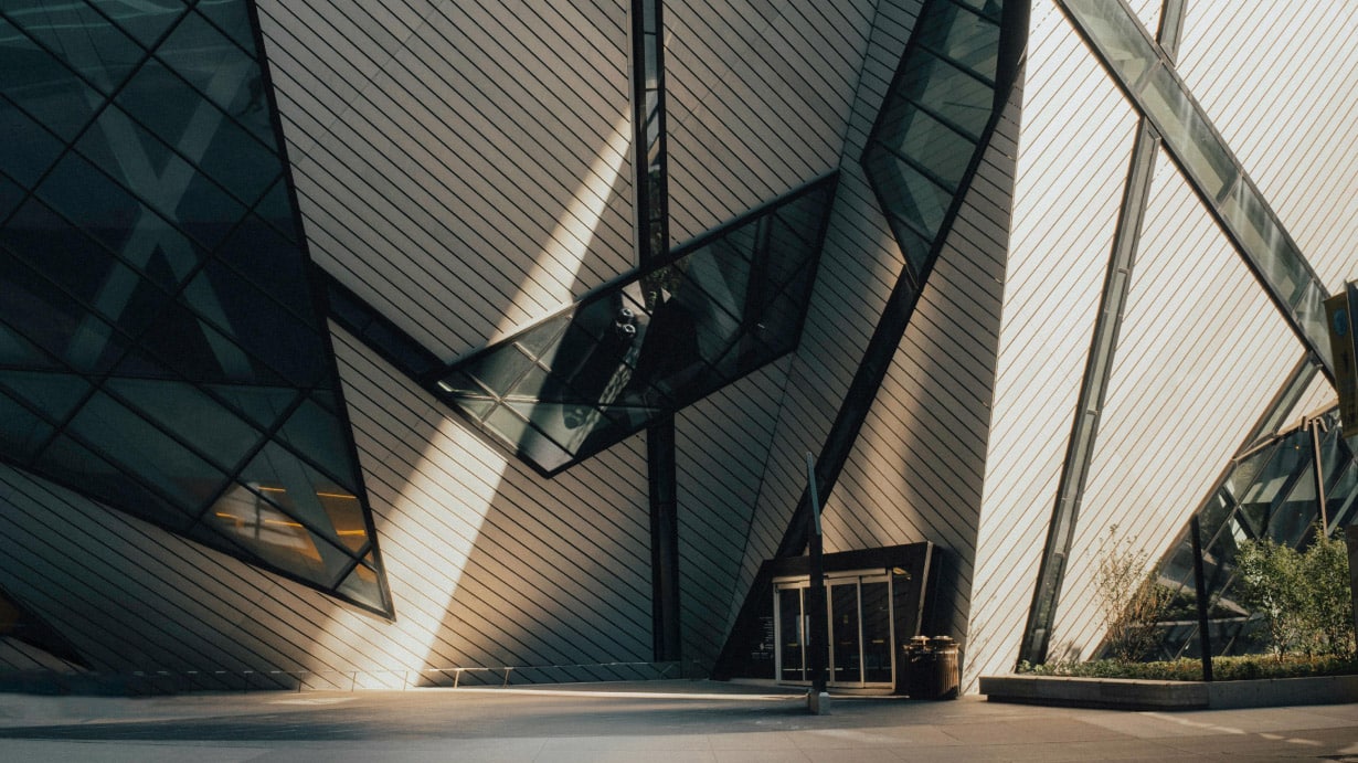 The entrance to the Royal Ontario Museum featuring the geometric architecture of the modern extension of the museum.