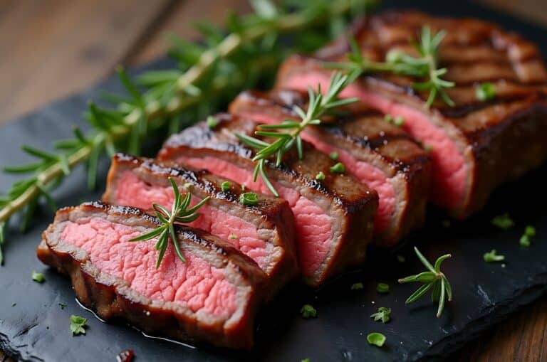 Appetizing Medium-Rare Steak Slices with Rosemary on Wooden Table ai generated